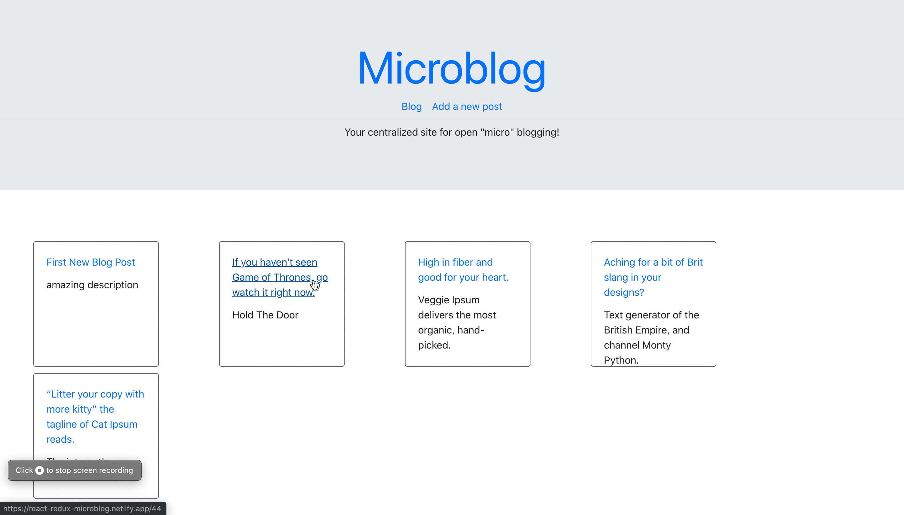 Microblog app homepage screenshot